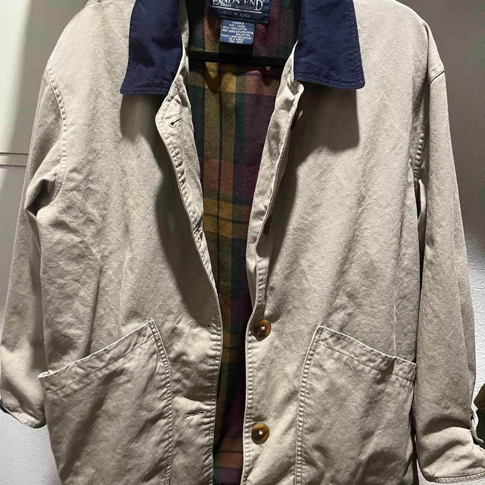 Lands' End Tan and Blue Lightweight Shirt Jacket Women’s Large